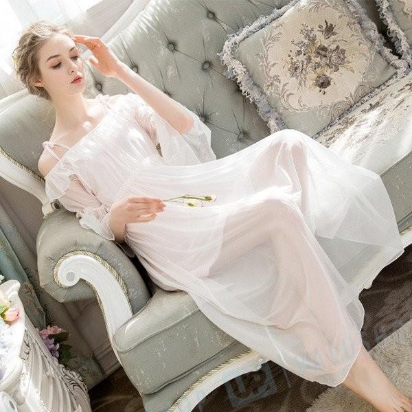 レディース 姫系 ネグリジェ レース 寝巻き 長袖 マキシ丈 部屋着 スウィート セール ルームワンピース ロリータ ナイトウエア パジャマ ナイティー