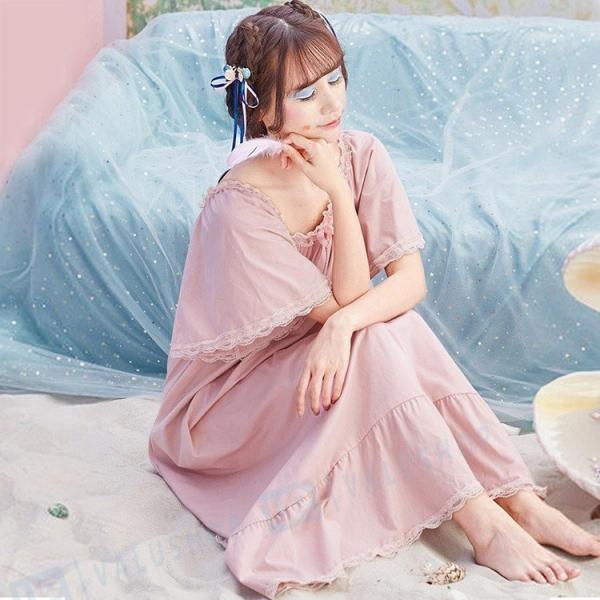 ルームウェア パジャマ ワンピース ロング レディース 夏服 ネグリジェ 姫 半袖 綿 ルームウェア ガウン ナイトウェア