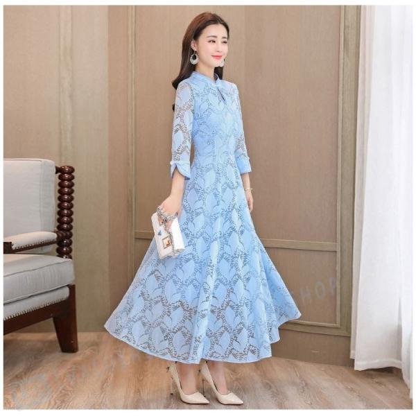 ワンピース ロング 七分袖 レースワンピース フォーマル Sale 結婚式 パーティードレス 二次会 レース チャイナ風ドレス 着痩せ 上品 ドレス Aライン
