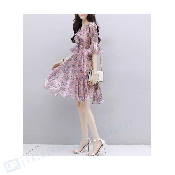 ワンピース レディース 夏 七分袖ミニワンピース フレア セール 登場から人気沸騰 花柄 オシャレ 上品 ショット丈ワンピース 韓国風 シフォン ワンピース