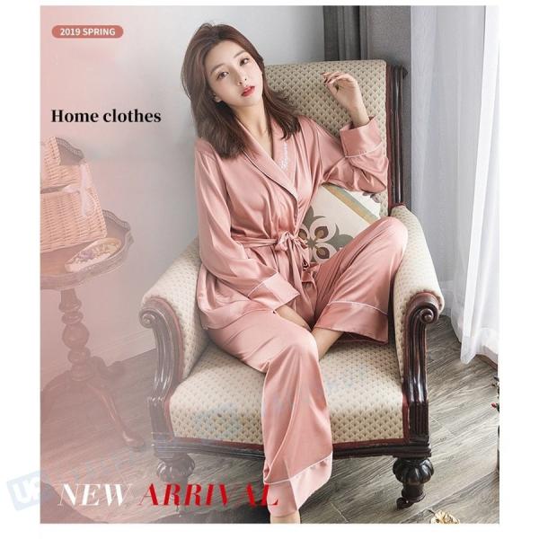 パジャマ ルームウェア レディース 春夏セクシー 前開きパジャマ 部屋着 寝巻きャレ4色 最新 長袖 上下セットベルトオシャレ シルク風
