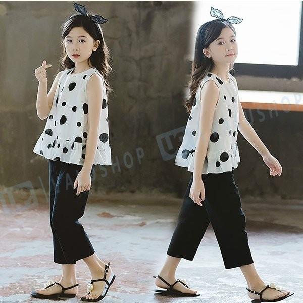 子供服 セットアップ 夏 女の子 キッズ 韓国子供服 上下セット ドット柄 トップス ノースリーブ ボトムス