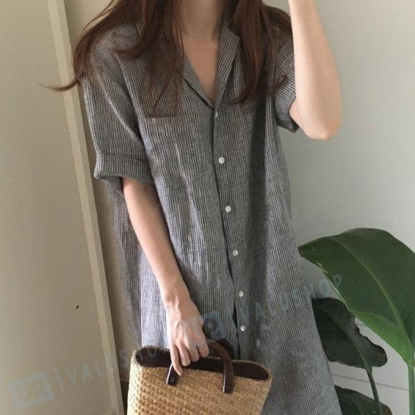 ワンピース レディース マキシワンピース 激安卸販売新品 夏 半袖 しま Vネック シャツワンピ 韓国風 リネン 着痩せ オシャレ スリーブ ロング丈 シャツロング