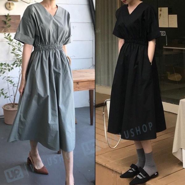 ワンピース レディース マキシワンピース 夏 半袖 ワンピース Vネック シャツワンピ 韓国風 ロング丈 着痩せ