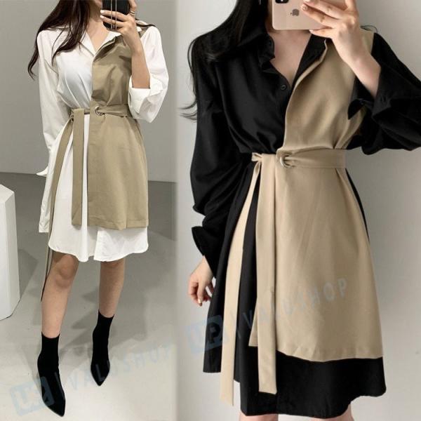 ワンピース レディース ベルト付き 秋 きいめ リネン 切り替え 旅行ドレス 贈呈 上品 お出かけ 大人韓国風 通勤 着痩せ 長袖