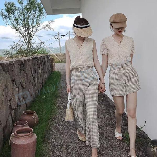 永遠の定番モデル セットアップ レディース 40代 50代 春夏 きれいめ 通勤 韓国風 チェック Vネック 上下セット オシャレ 新作 上品 レース