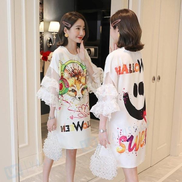 ワンピース レディース 30代 40代 きれいめ 春夏 キツネ柄 五分袖 プリント 爆安 カジュアル チュール ゆったり 透明 オシャレ レース 上品 韓国風