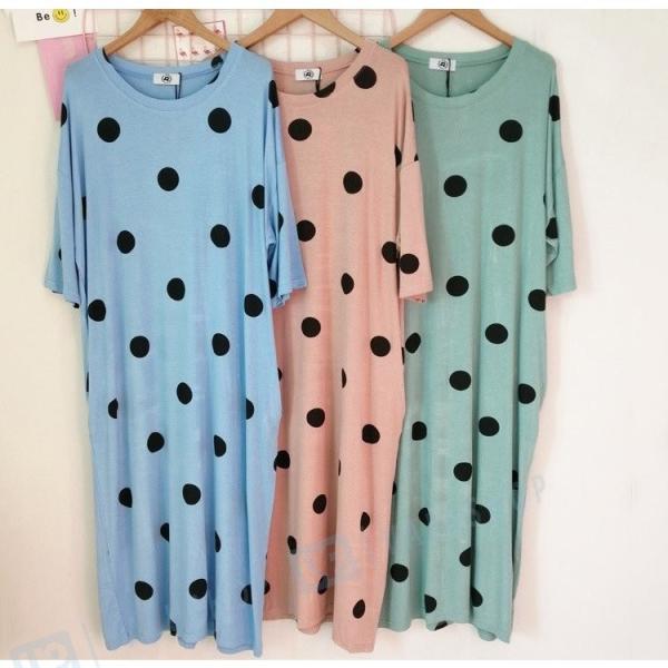 パジャマ レディース 五分袖 春秋 ワンピース 可愛い 寝巻き 部屋着 ドット ポッケト 3色 韓国風 値下げ ルームウエア ロング丈 きれいめ ゆったり モデル綿