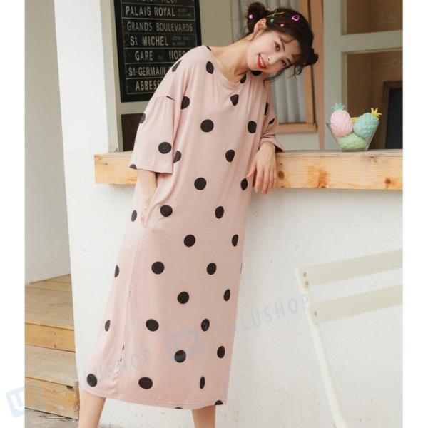 パジャマ レディース 五分袖 春秋 ワンピース 可愛い 寝巻き 部屋着 ドット ポッケト 3色 韓国風 値下げ ルームウエア ロング丈 きれいめ ゆったり モデル綿