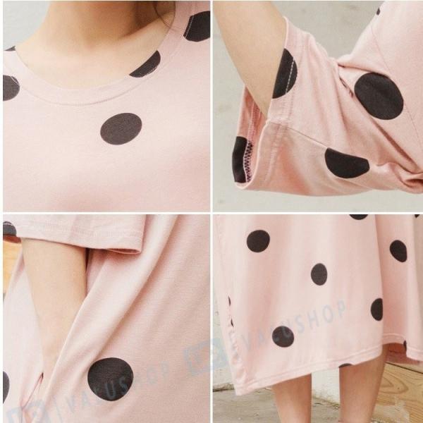 パジャマ レディース 五分袖 春秋 ワンピース 可愛い 寝巻き 部屋着 ドット ポッケト 3色 韓国風 値下げ ルームウエア ロング丈 きれいめ ゆったり モデル綿