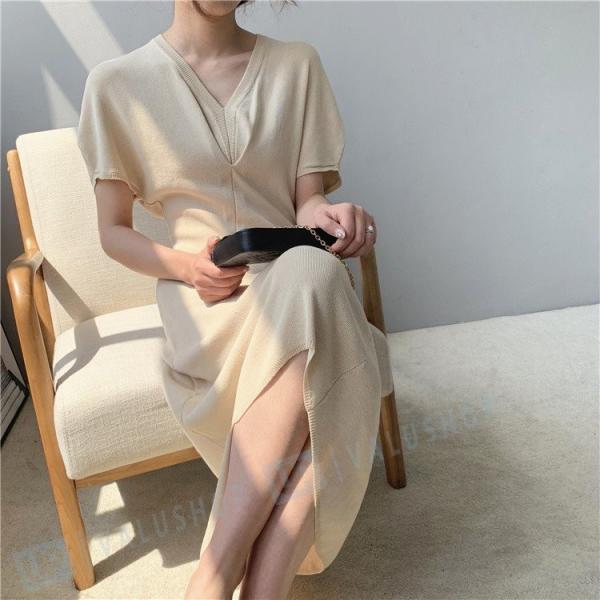 ワンピース レディース ワンピース 夏 半袖 ワンピース Vネック メリヤス 韓国風 ルロング丈 着痩せ オシャレ スリーブ