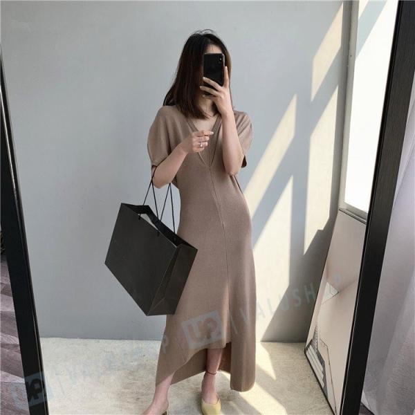 ワンピース レディース 夏 人気ブランド多数対象 半袖 Vネック メリヤス 韓国風 ルロング丈 新作 Ol 不規則性 着痩せ スリーブ オシャレ 通勤