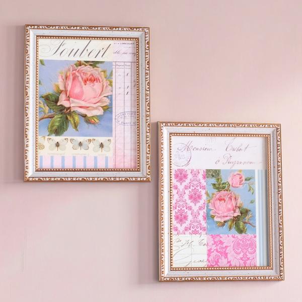 コラージュ風ローズの額付きパネル。アンティーク仕様の額に入った絵は、表面を絵に沿って光沢のあるニスでデコレーションしてかわいらしさを引き出しています。ご結婚・ご新築祝いにも◎こちらは1個のお値段です。--------------------...