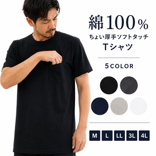 アウター メンズ Tシャツ 綿100％ ポケット付き 半袖 無地 厚手 コットン クルーネック M L LL 3L 4L 白 黒 ネイビー グレージュ