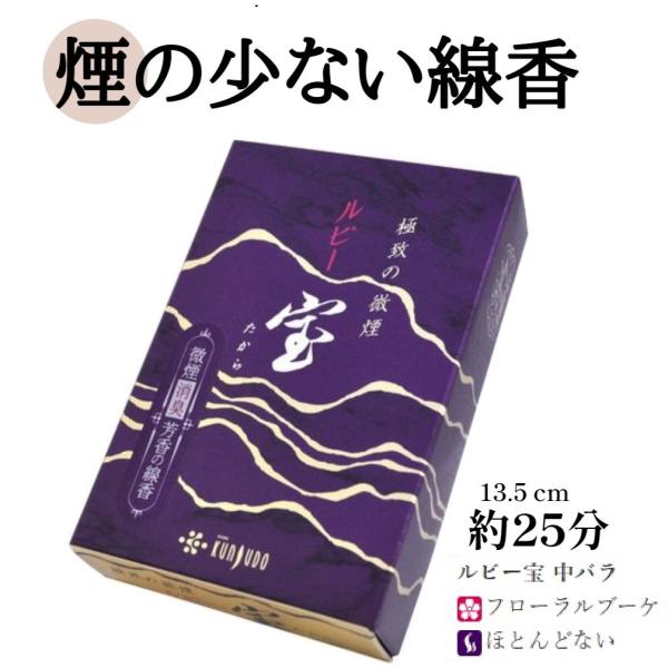 清らかな花々の香りが広がる、煙が少ないタイプのお線香です。「不滅の炎」「太陽の石」に例えられる宝石ルビーのように、上品で華やかなフローラルブーケの香りです。使いやすい少量サイズです。宝シリーズの中でももっとも煙が少なく無煙に近い「極微煙」。...
