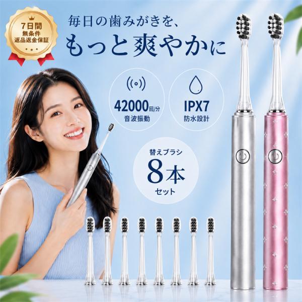 電動歯ブラシ 音波歯ブラシ 42000回/分 3モード IPX7防水 替えブラシ8本 USB充電式 2分タイマー 30秒お知らせ 静音設計 持ち運び用