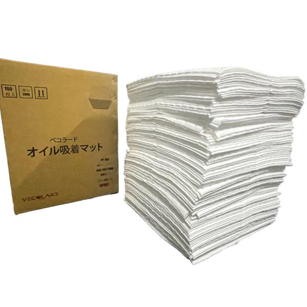 VECOLARD VF007 100枚入り 厚さ5mm 40cm×40cm オイル吸着マット オイル吸着シート 油吸着材 (5MM, 100) 吸収:約1.2L/枚 20cm×20cmに十字ミシン目あり えくぼ有