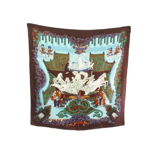 【中古】エルメス HERMES カレ90 王の楽園 LE PARADIS DU ROY シルク100 ブラウン ブルー レディース HERMES（エルメス） カレ90 王の楽園 LE PARADIS DU ROY シルク100