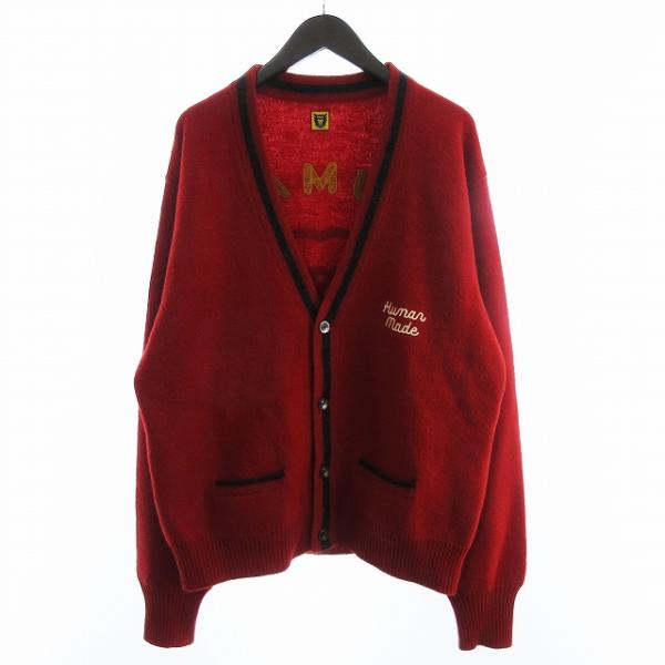 【中古】ヒューマンメイド CAR CLUB CARDIGAN ニットカーディガン 前開き Vネック 刺繍 グラフィック ウール 赤 XXL ヒューマンメイド CAR CLUB CARDIGAN ニットカーディガン 前開き V