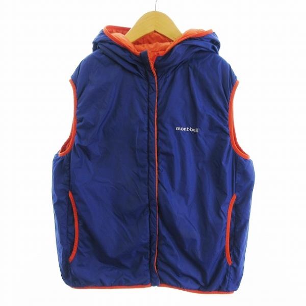 モンベル Montbell リバーシブル 中綿 ベスト フルジップ フード ロゴ刺繍 オレンジ 青 ブルー 160cm ■GY99 キッズ【ブランド】モンベル Montbell【表記サイズ】160cm【実寸サイズ】身幅：50cm　着丈：54...