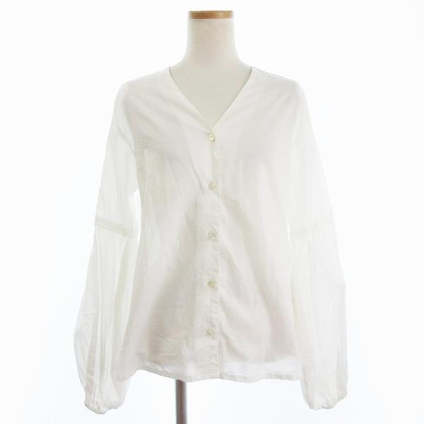 極美品✨ ミズイロインド 長袖 シャツ ブラウス 白 ホワイト 変形 幅広 ミズイロインド mizuiro ind ブラウス シャツ 長袖 Vネック 無地