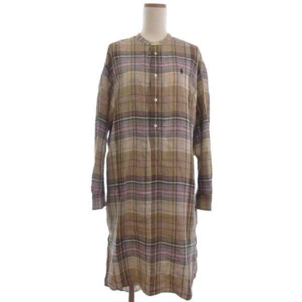 【中古】ポロ バイ ラルフローレン ハーフボタン チェック シャツ ワンピース ロング 長袖 リネン ベージュ系 6 POLO RALPH LAUREN（ポロ・ラルフローレン） ポロ バイ ラルフローレン