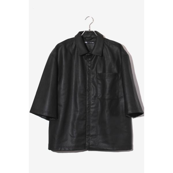 ZARA ザラ ポケット ボタンアップ フェイクレザーシャツ L BLACK 