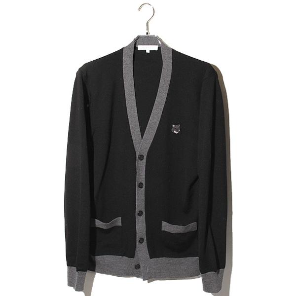 【中古】MAISON KITSUNE メゾンキツネ フォックス ロゴ刺繍 Vネック ロングカーディガン L Grey グレー MAISON KITSUNE メゾンキツネ フォックス ロゴ刺繍 Vネック ロング