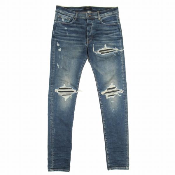 美品 AMIRI 国内正規品 MX1 レザー蛇腹 ダメージ リペア加工 スキニー アミリ AMIRI MX1 クラッシュ加工レザーリペア蛇腹デニムパンツ