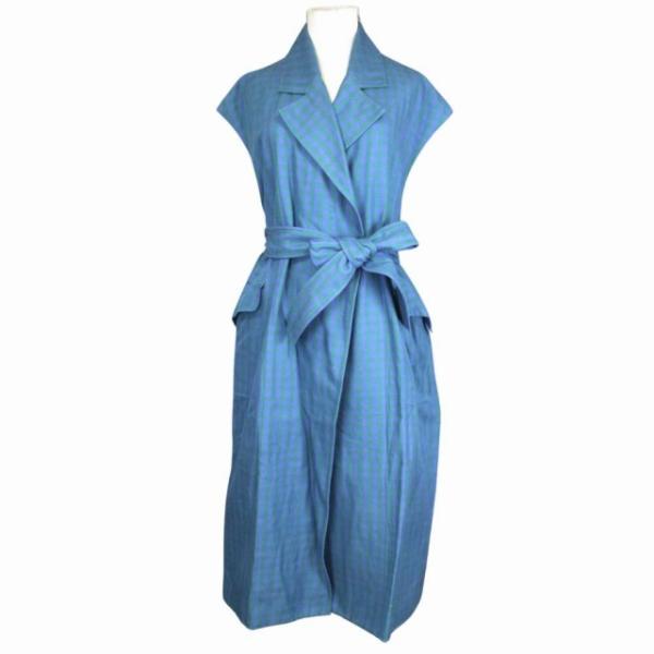【中古】美品 19ss ブラミンク BLAMINK ギンガムチェック ロングジレ ベルテッド スリーブレスコート ベスト 美品 19ss ブラミンク BLAMINK ギンガムチェック ロングジレ