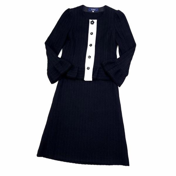 【中古】エムズグレイシー M'S GRACY スーツ 上下 セットアップ ノーカラー ジャケット スカート お花ボタン 38 黒 ブラック 2022SS エムズグレイシー M'S GRACY スーツ 上下 セットアップ ノーカラー