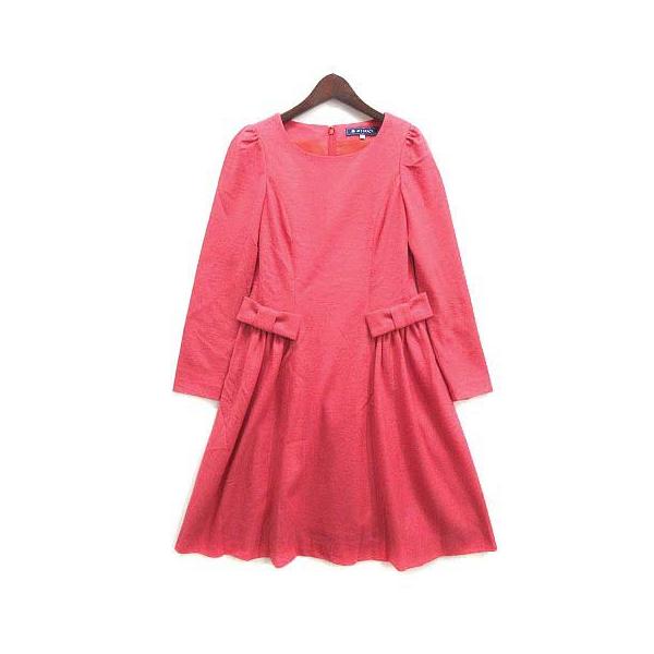 美品 M'S GRACY 2021 サッカー素材 リボン ワンピース ピンク38 エムズグレイシー M'S GRACY ウール リボン ワンピース 膝丈 長袖