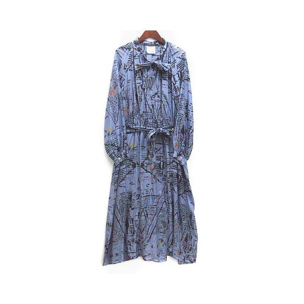 【中古】フォルテフォルテ FORTE FORTE 総柄 シルク ロング シャツ ワンピース リボンタイ ドレス 長袖 2022SS スモークブルー 1 伊製 フォルテフォルテ FORTE 総柄 シルク ロング シャツ ワンピース