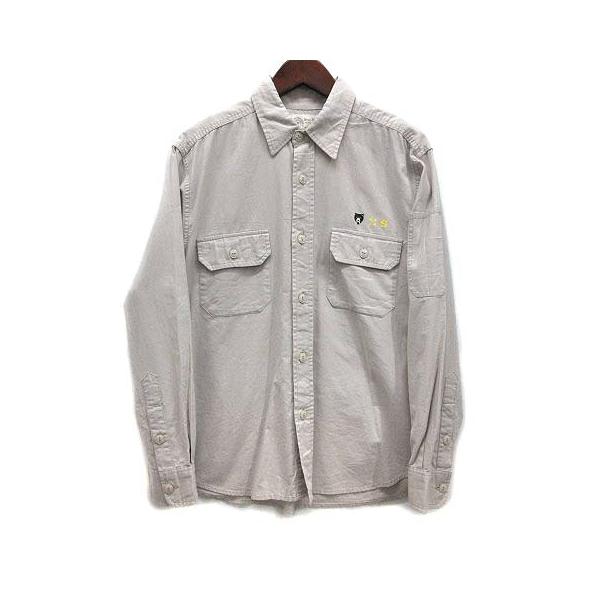 ステューシー STUSSY OFFICIAL SHIRT ワークシャツ 長袖 ベア ロゴ ワンポイント S グレーベージュ USA製 90s ヴィンテージ ☆AA★ メンズ