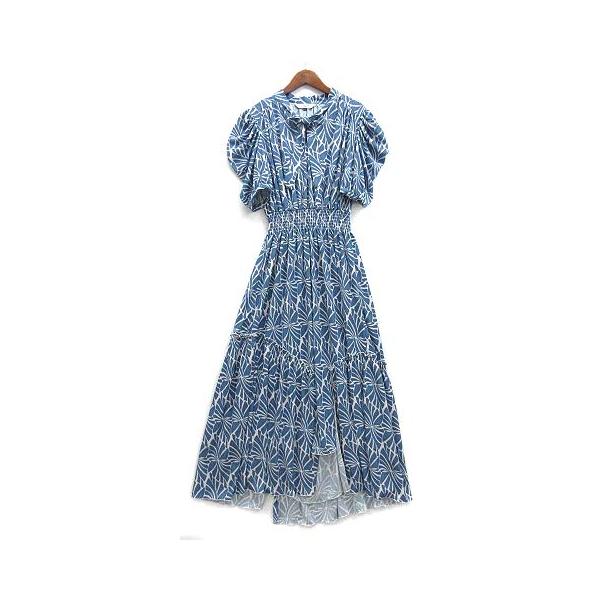 【美品】CORCOVADO　ボウタイワンピース　36　総柄　ブルー　ホワイト現行 コルコバード CORCOVADO 総柄 ジャージー ロング ワンピース ボウタイ