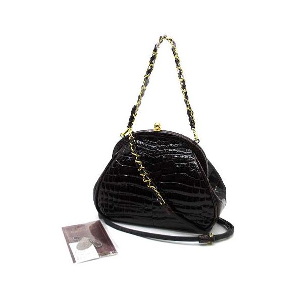 【中古】マダムグレ GRES PARIS JRA クロコダイル がま口  2WAY チェーン ショルダーバッグ シャイニー ダークブラウン ゴールド金具 マダムグレ GRES PARIS JRA クロコダイル がま口 2WAY チェーン