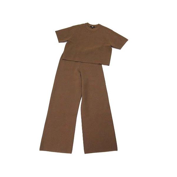 ユニクロ UNIQLO U ウォッシャブル ミラノリブ セットアップ 半袖 セーター パンツ ブラウン S M レディース