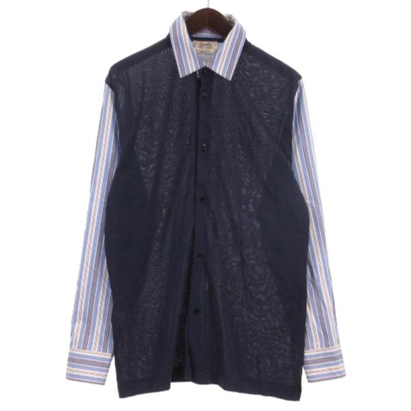 【中古】エルメス HERMES ニット切替 シャツ 長袖 ストライプ セリエボタン イタリア製 ネイビー M ■ECS メンズ HERMES（エルメス） ニット切替 シャツ 長袖 ストライプ セリエボタン