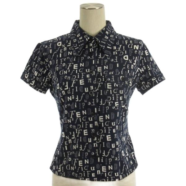 【中古】フェンディ FENDI ロゴ シャツ 半袖 総柄 ネイビー 40 ☆AA★ レディース FENDI（フェンディ） ロゴ シャツ 半袖 総柄 ネイビー 40 ☆AA
