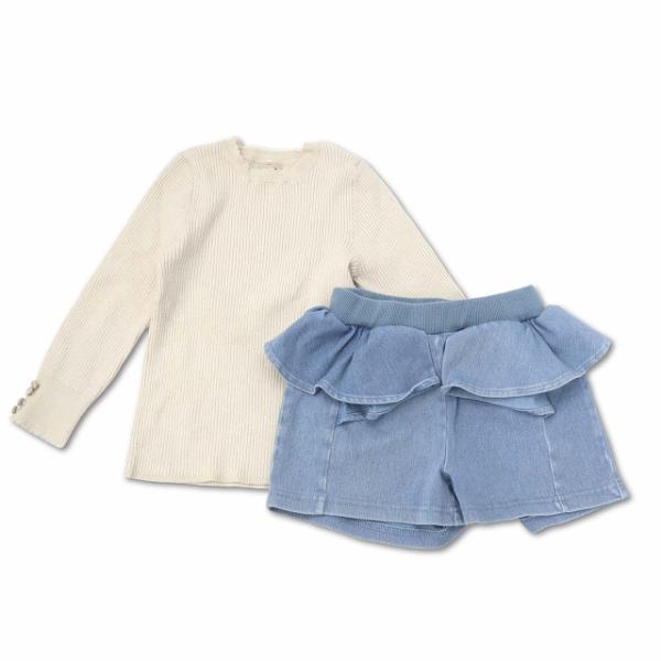 プティマイン petit main ナルミヤ スカラップ リブニット フリル デニムショートパンツ まとめ 110 キッズ【表記サイズ】女の子　110【実寸サイズ】肩幅：20.5cm　身幅：25cm　着丈：36cm　袖丈：34cm　　【素材...