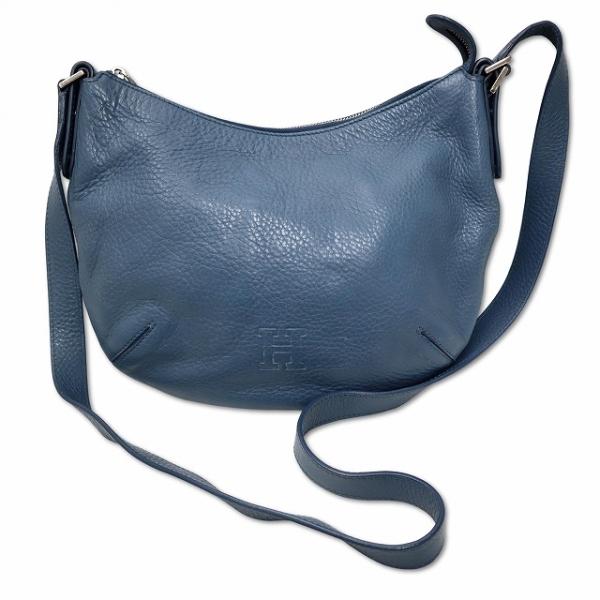 極美品　HIROFU ヒロフ　ランポ　ハンドバッグ　ロゴ刻印　レザー　ブルー ペルーシェ】レザーハンドバッグ S 本革 フォーマルバッグ（商品番号