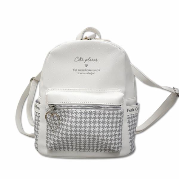 千鳥格子 切り替え リュック バッグ ホワイト キッズ【実寸サイズ】持ち手の長さ：18cm　ヨコ：24cm　タテ：24cm　マチ：11cm　ショルダーの長さ：64（調節可）cm　　【素材】PVC【色】WHITE（ホワイト）×GRAY（グレー...