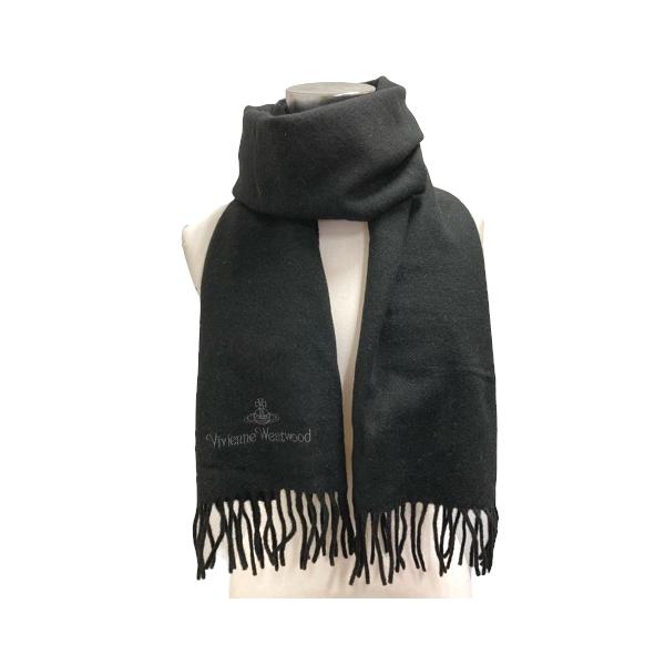 【新品】ヴィヴィアンウエストウッド　マフラー　黒　刺繍　ウール100% フリンジ Vivienne Westwood ヴィヴィアンウエストウッド マフラー