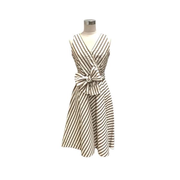 【中古】未使用品 エムズグレイシー ワンピース ノースリーブ ストライプ リボン フレア 膝丈 38 白 ホワイト 茶 ブラウン レディース 未使用品 エムズグレイシー ワンピース ノースリーブ ストライプ