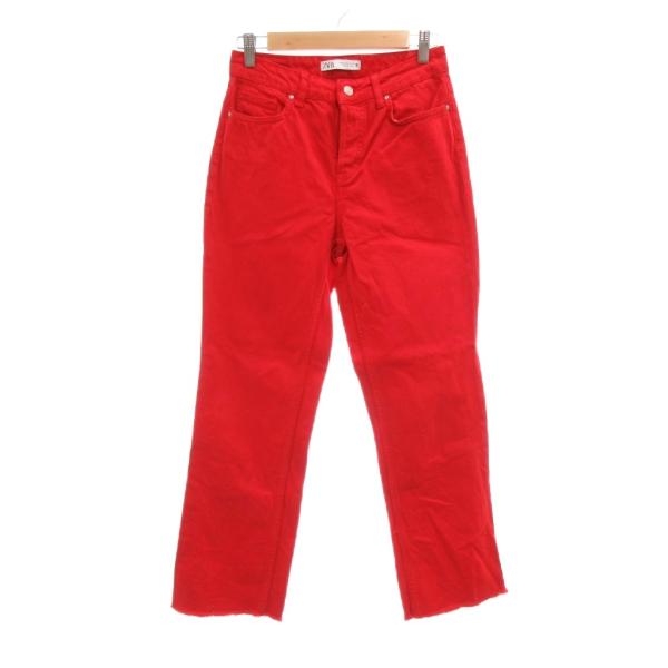 ザラ ZARA カラーデニムパンツ カットオフ ジーンズ 36 赤 レッド ハイウエスト ストレートレッグ /TQ ■GY35 レディース
