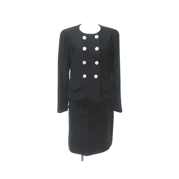 97p Chanel セットアップ スカートスーツ ノーカラージャケット 上下 ヴィンテージ ブランド古着販売のベクトルyahoo シ 023 ノーカラージャケット 中古 黒 紺 ロゴ 系 シャネル ツイード ボタン 40 0601 レディース