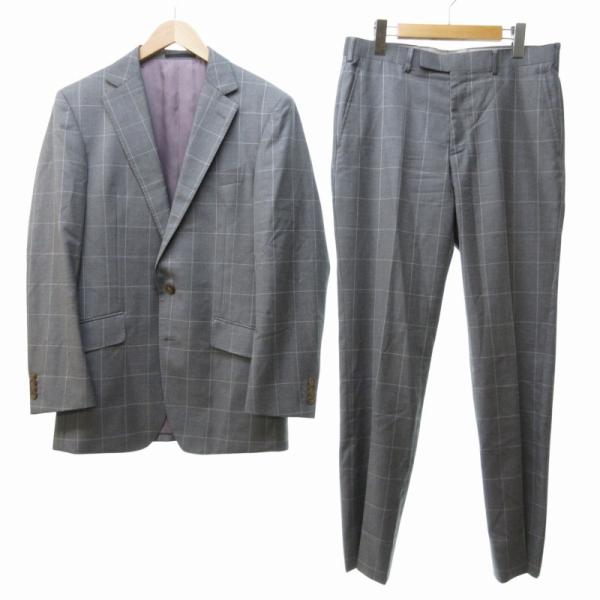 未使用級美品　銀座グローバルスタイル　カノニコ生地スーツ　グレーチェック　裏地赤 未使用級美品 銀座グローバルスタイル カノニコ生地スーツ グレー