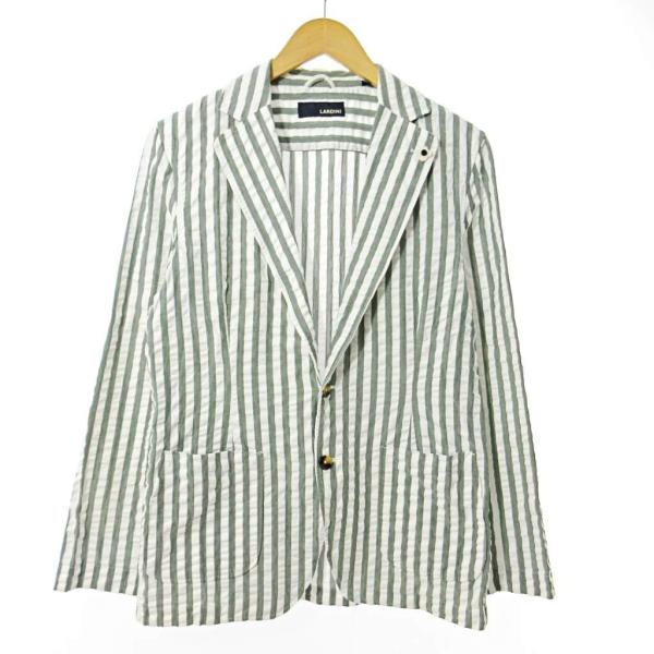 【中古】ラルディーニ LARDINI JK756 ストライプ テーラードジャケット ブートニエール コットン S 緑 白 0814 メンズ ラルディーニ LARDINI JK756 ストライプ テーラードジャケット