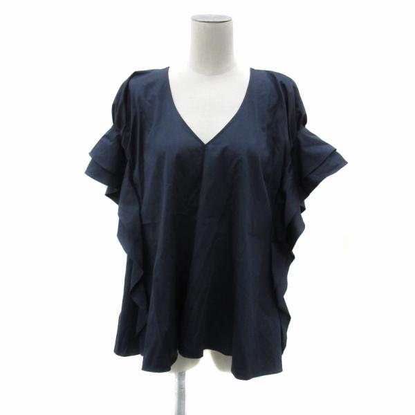 【中古】アディアム Foxey 23年 ショルダーカスケードVネックドロップブラウス 半袖 2 紺 42504 IBO83 レディース アディアム ADEAM フォクシー Foxey 23年 ショルダーカスケードVネック