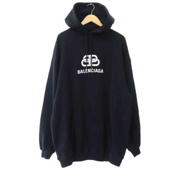 【中古】バレンシアガ BALENCIAGA BBロゴ ブリーチ加工 プルオーバーパーカー フーディ 長袖 XS ブラック 黒  570792 BALENCIAGA（バレンシアガ） BB ロゴ プリント オーバーサイズ プル